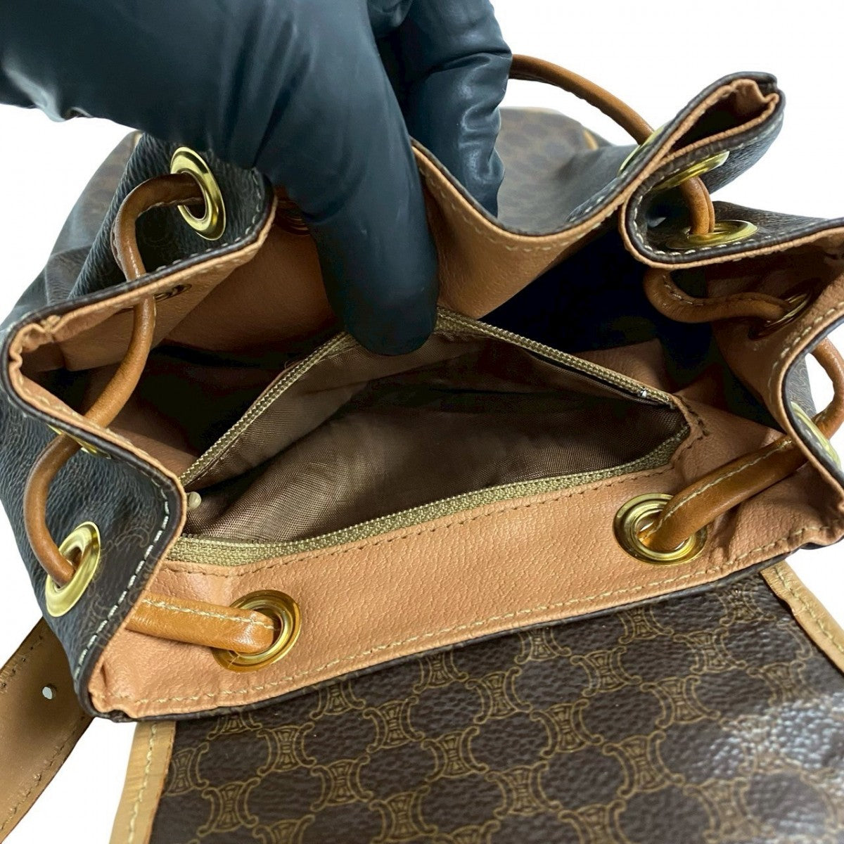 CELINE Backpack Leather, PVC Brown RingMetal logo Macadam Blason TriomphePattern Women Used Authentic