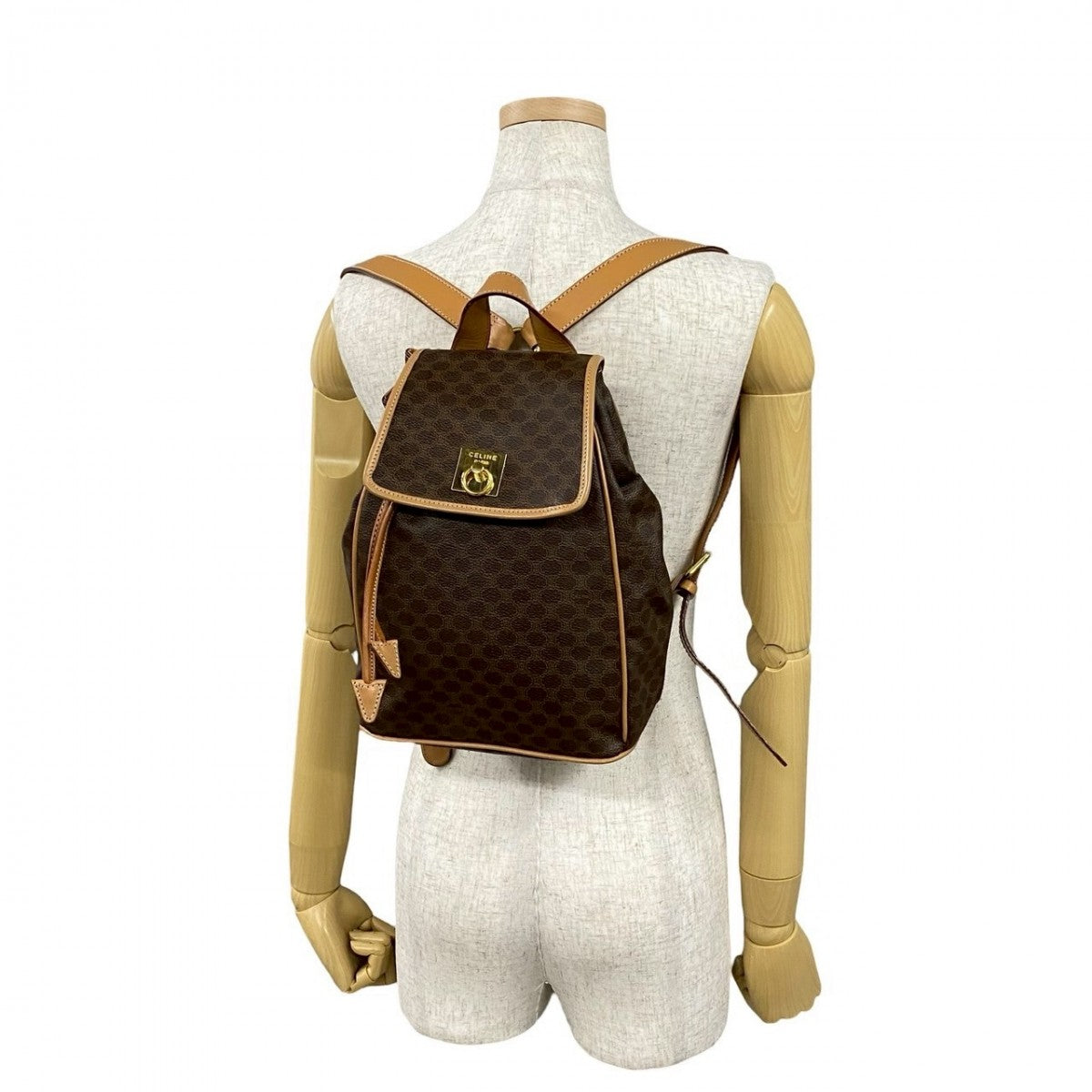 CELINE Backpack Leather, PVC Brown RingMetal logo Macadam Blason TriomphePattern Women Used Authentic