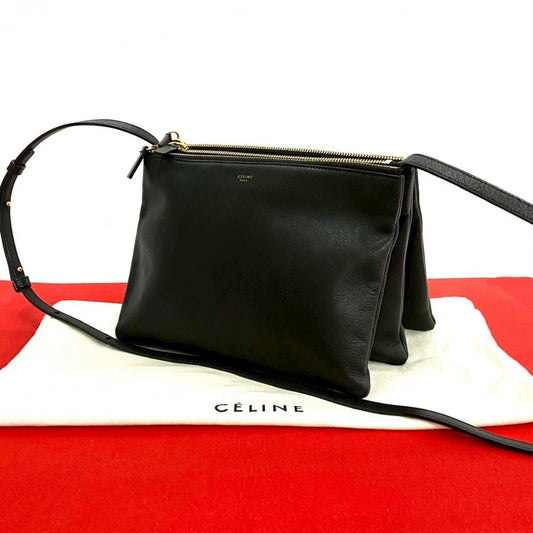 CELINE Shoulder Bag leather black Trio Large Women Used Authentic