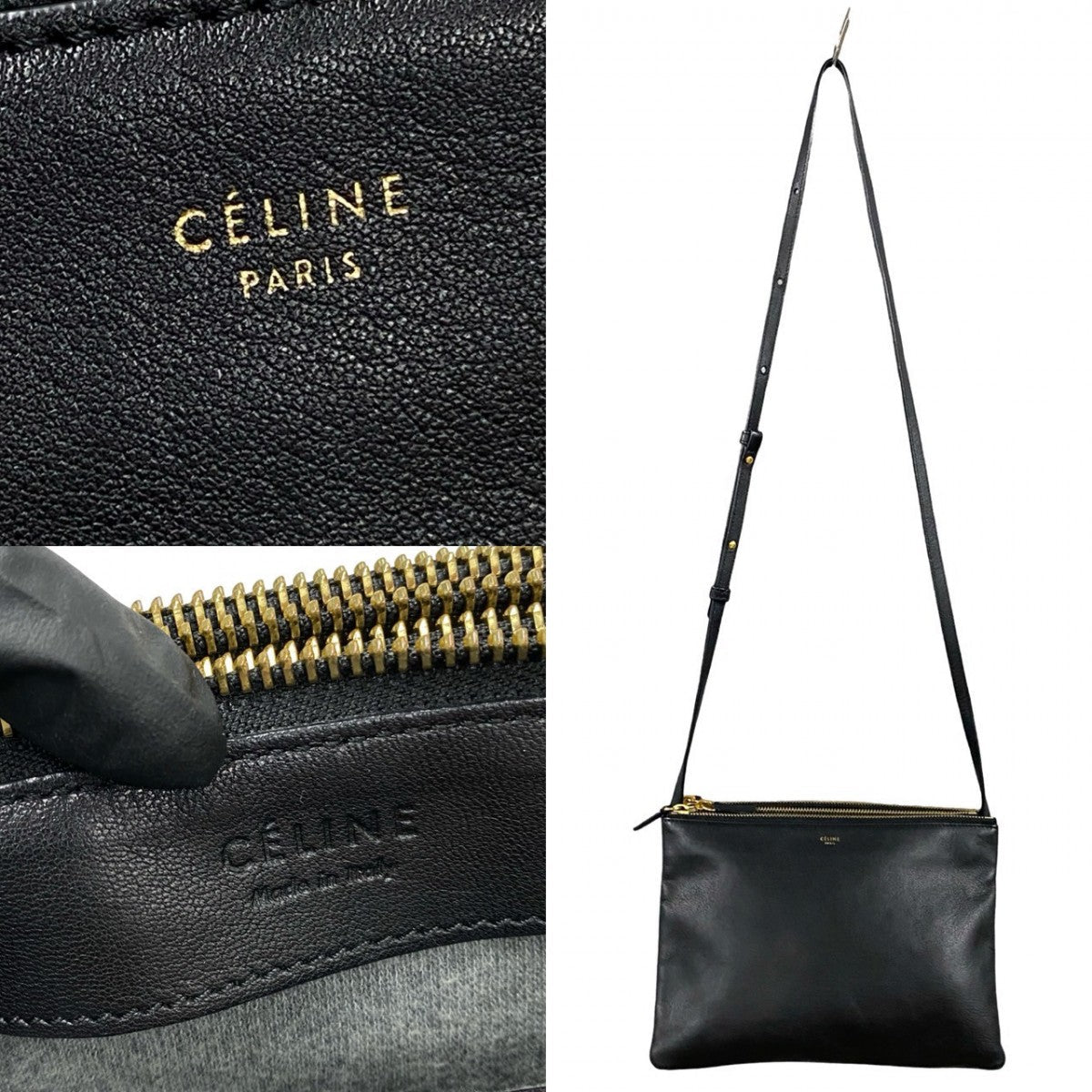 CELINE Shoulder Bag leather black Trio Large Women Used Authentic