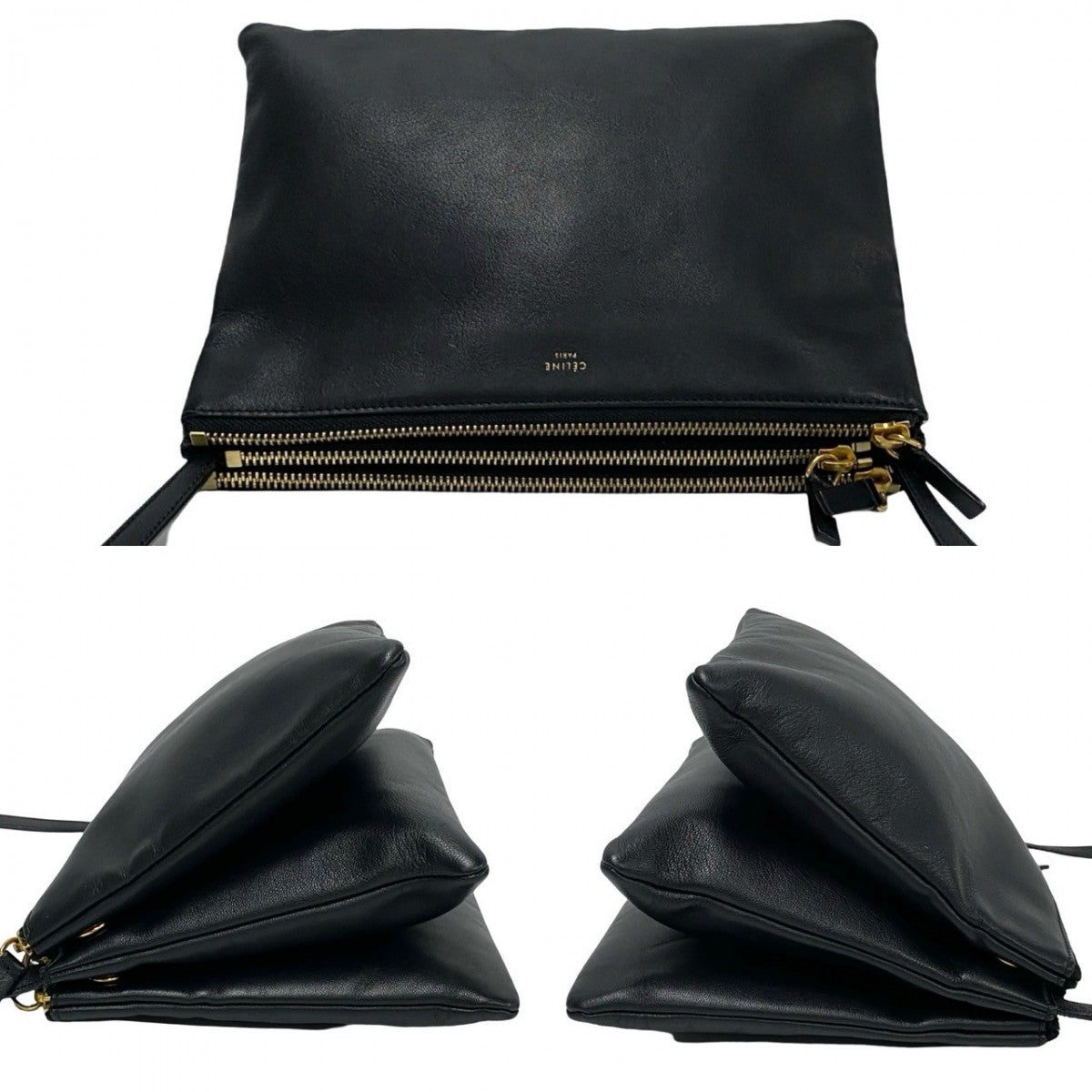 CELINE Shoulder Bag leather black Trio Large Women Used Authentic