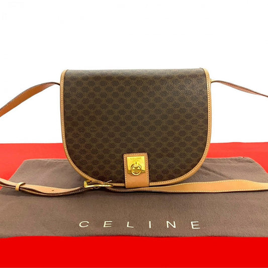 CELINE Shoulder Bag Leather, PVC Brown RingMetal logo Macadam Blason TriomphePattern Women Used Authentic