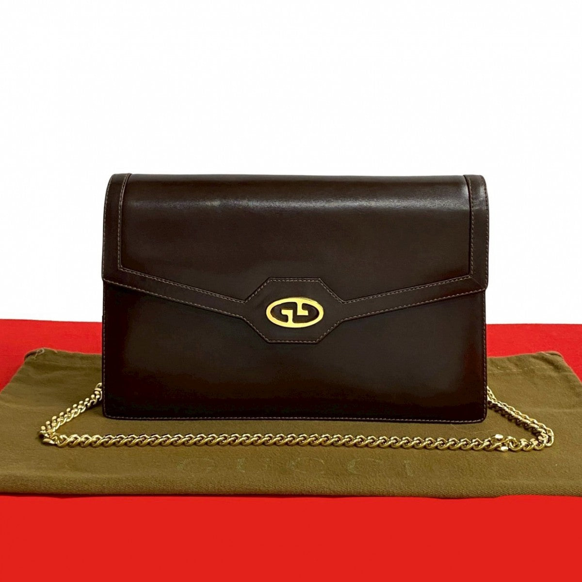 GUCCI Shoulder Bag Calfskin, Leather Brown GG logo Metal Women Used Authentic
