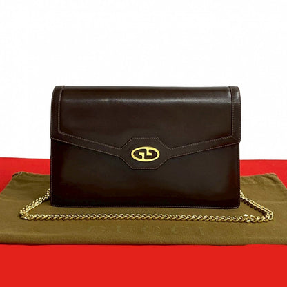 GUCCI Shoulder Bag Calfskin, Leather Brown GG logo Metal Women Used Authentic