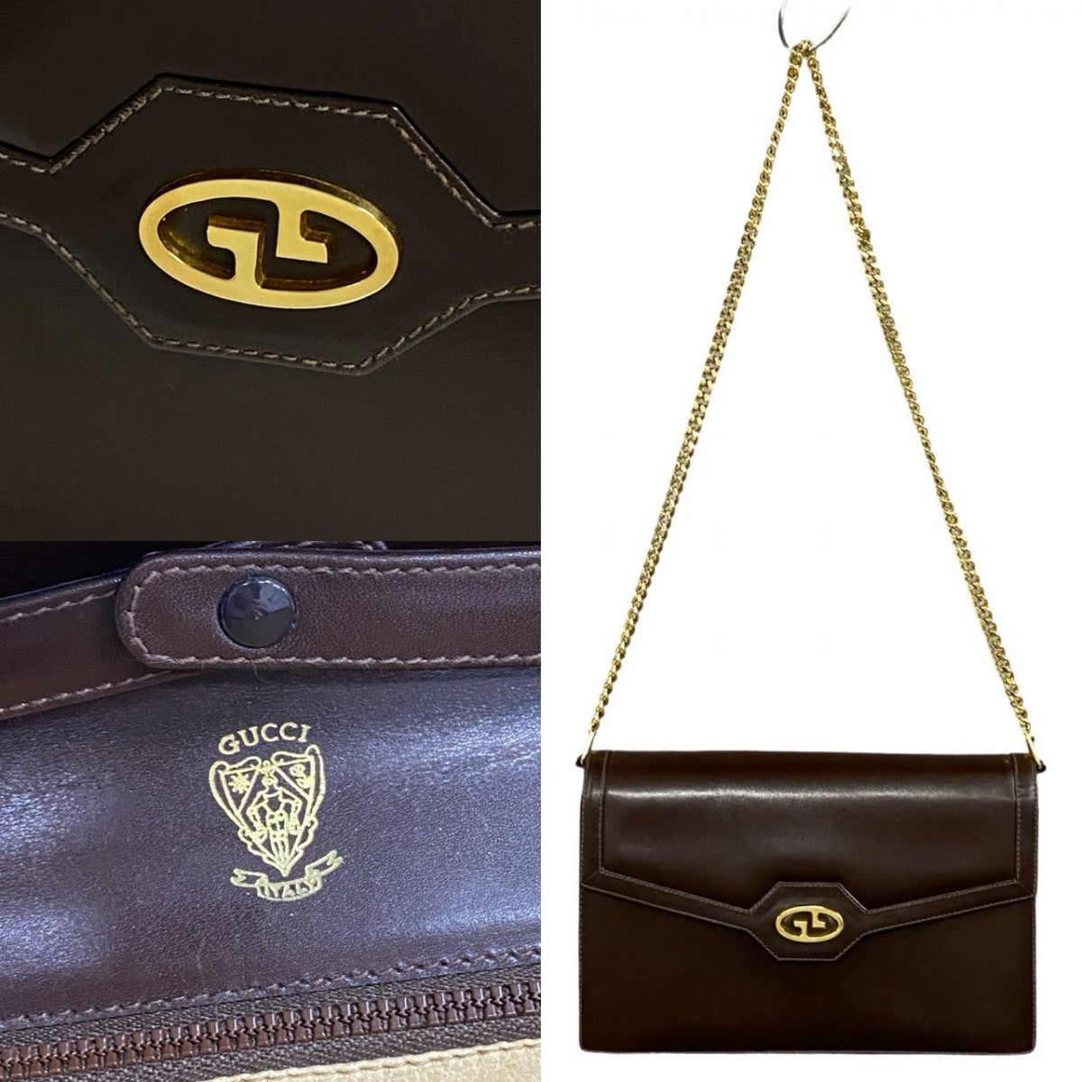GUCCI Shoulder Bag Calfskin, Leather Brown GG logo Metal Women Used Authentic