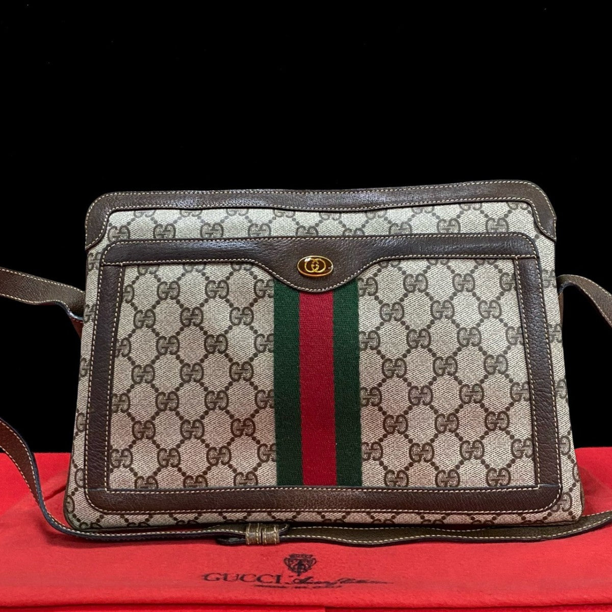 GUCCI Shoulder Bag Leather, PVC Brown GG logo Sherry line Women Used Authentic