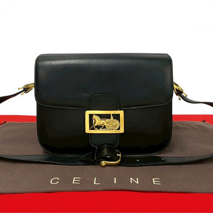 CELINE Shoulder Bag Calfskin, Leather black logo carriage Metal Women Used Authentic