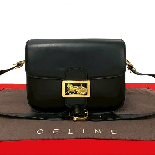 CELINE Shoulder Bag Calfskin, Leather black logo carriage Metal Women Used Authentic