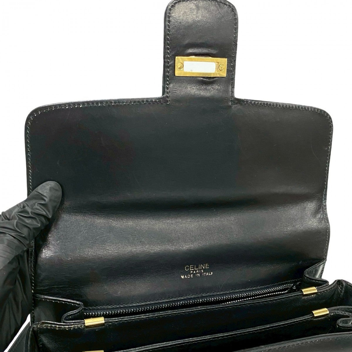 CELINE Shoulder Bag Calfskin, Leather black logo carriage Metal Women Used Authentic