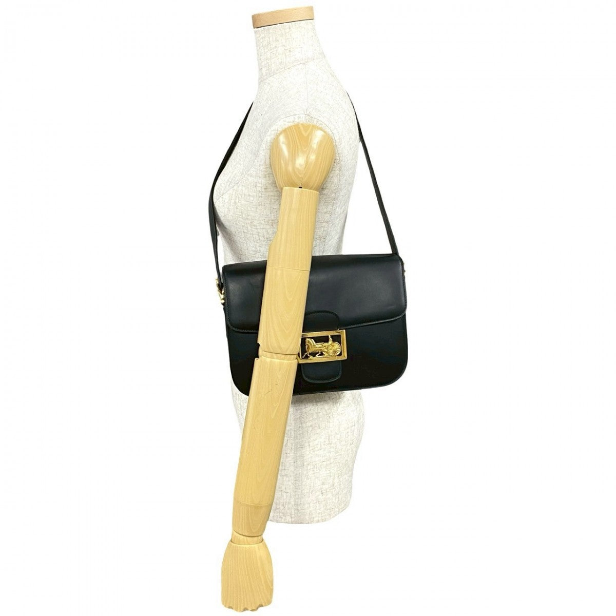 CELINE Shoulder Bag Calfskin, Leather black logo carriage Metal Women Used Authentic