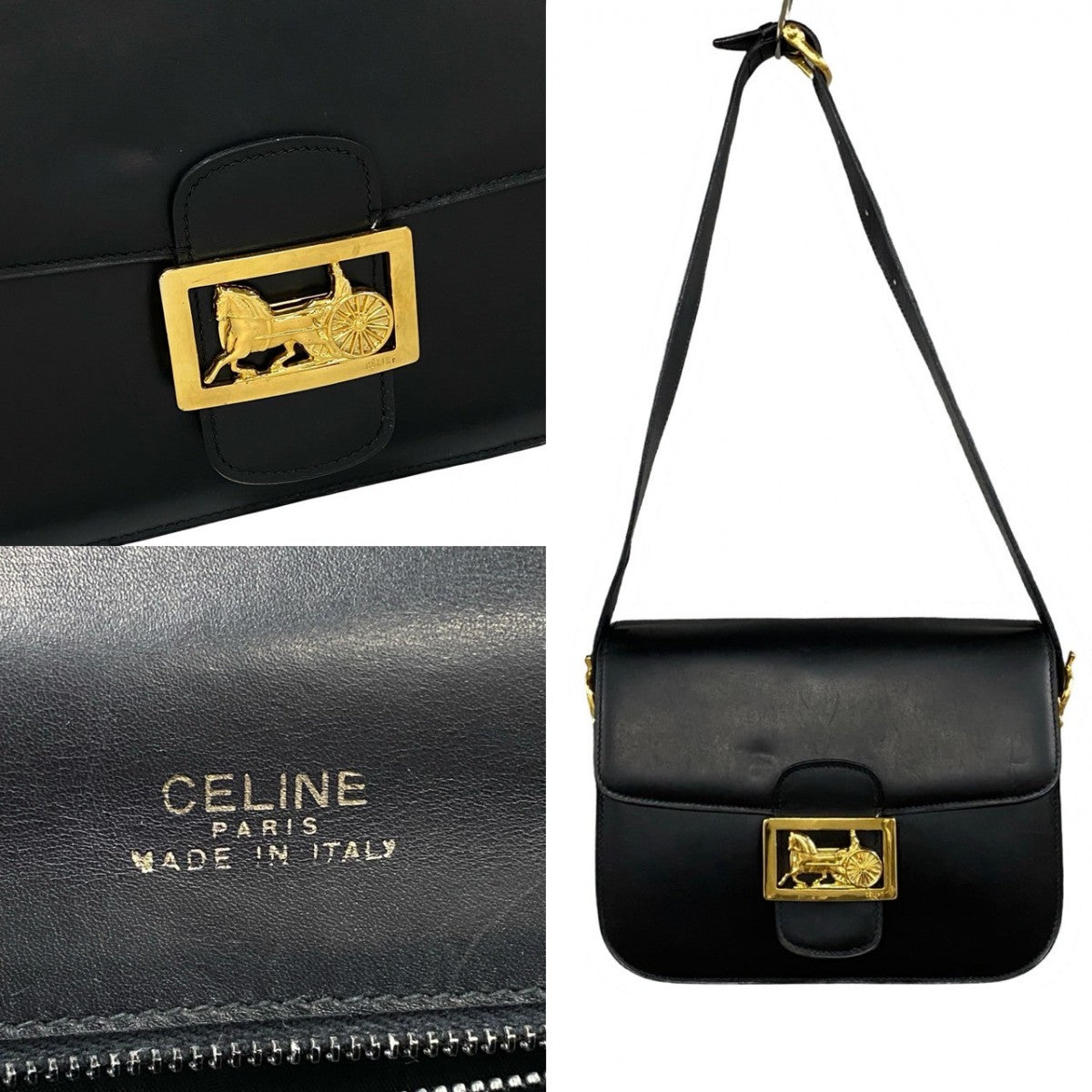 CELINE Shoulder Bag Calfskin, Leather black logo carriage Metal Women Used Authentic