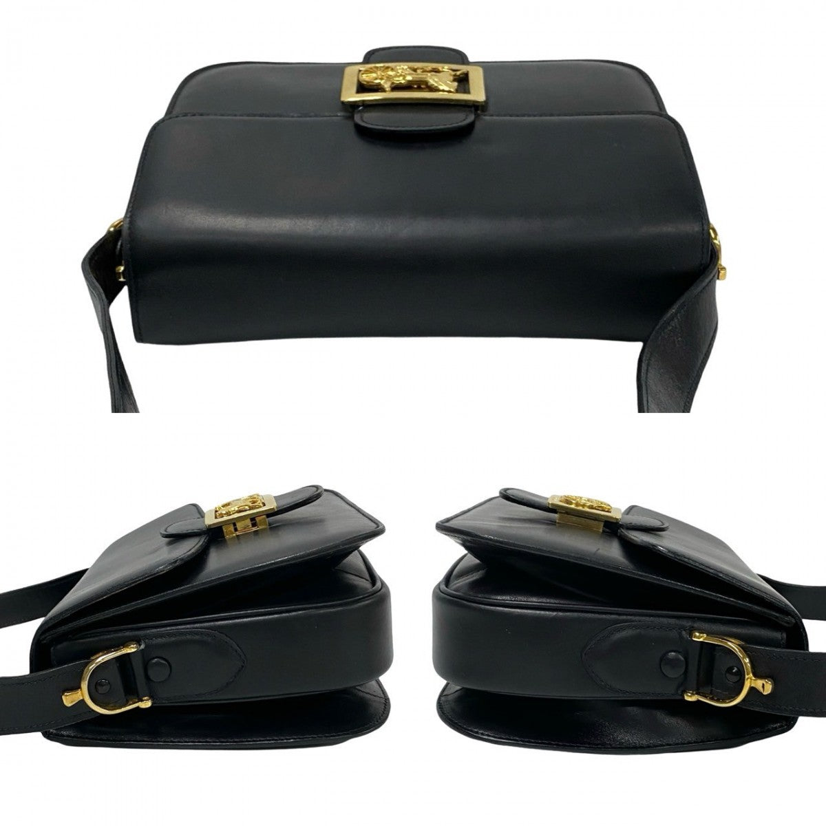CELINE Shoulder Bag Calfskin, Leather black logo carriage Metal Women Used Authentic