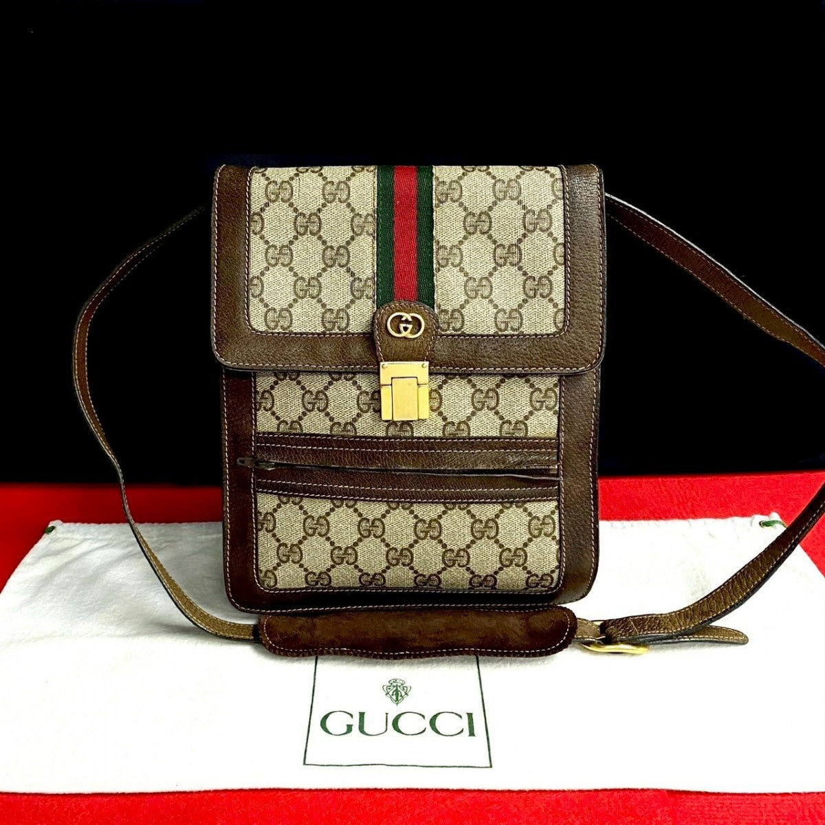 GUCCI Shoulder Bag Leather, PVC Brown GG logo Metal Sherry line Women Used Authentic