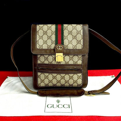 GUCCI Shoulder Bag Leather, PVC Brown GG logo Metal Sherry line Women Used Authentic