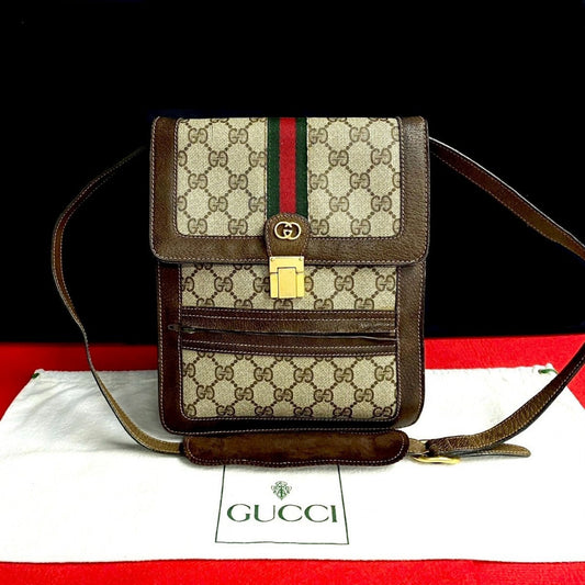 GUCCI Shoulder Bag Leather, PVC Brown GG logo Metal Sherry line Women Used Authentic