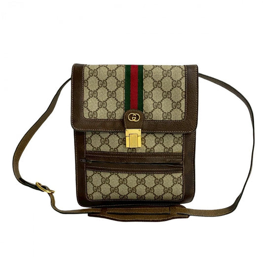 GUCCI Shoulder Bag Leather, PVC Brown GG logo Metal Sherry line Women Used Authentic
