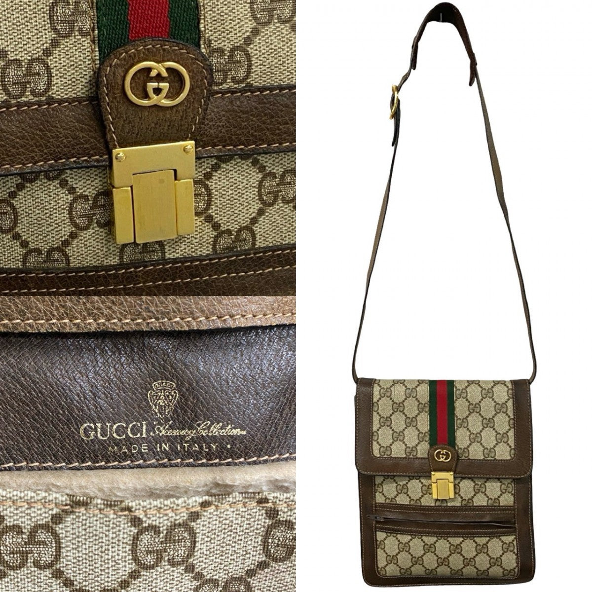 GUCCI Shoulder Bag Leather, PVC Brown GG logo Metal Sherry line Women Used Authentic