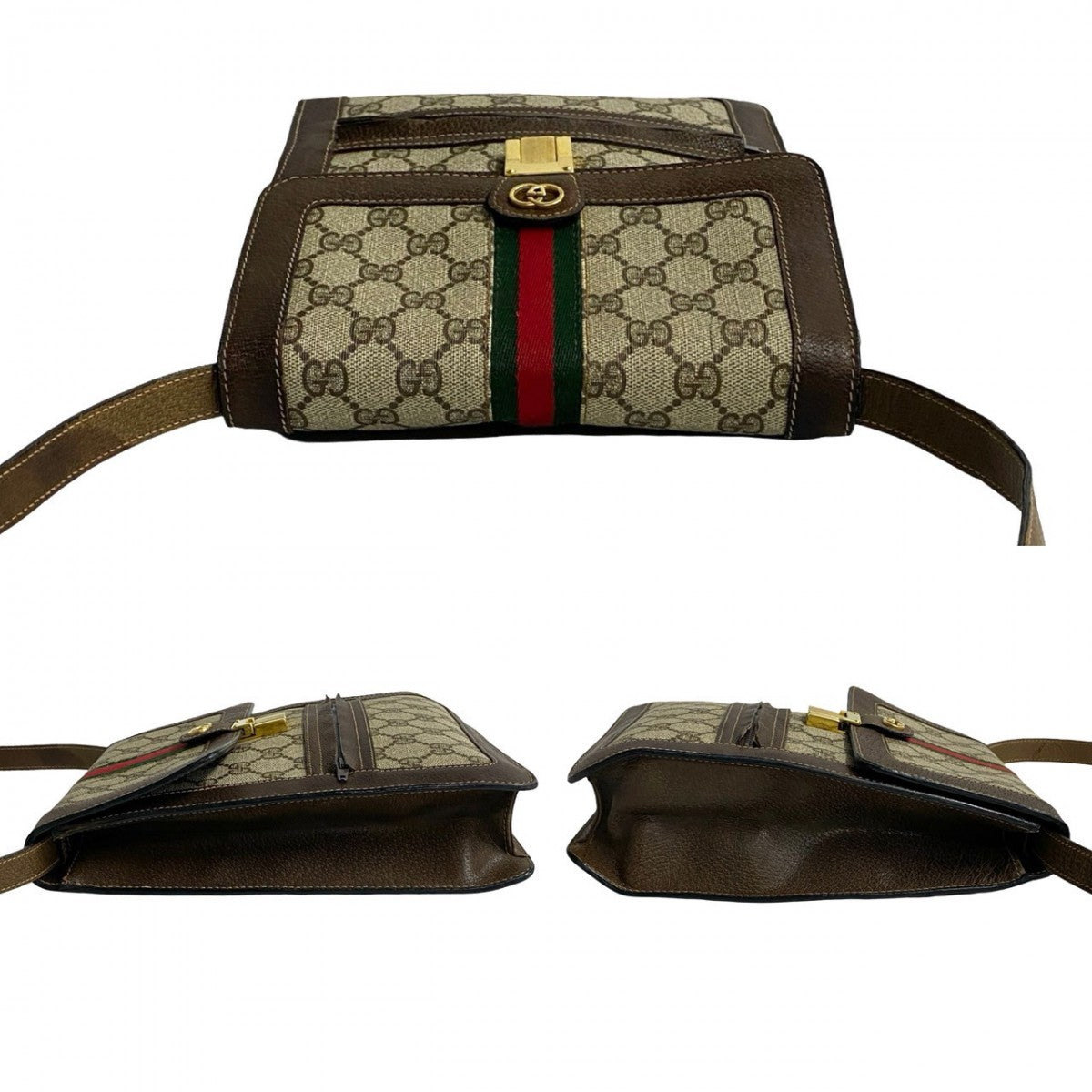 GUCCI Shoulder Bag Leather, PVC Brown GG logo Metal Sherry line Women Used Authentic