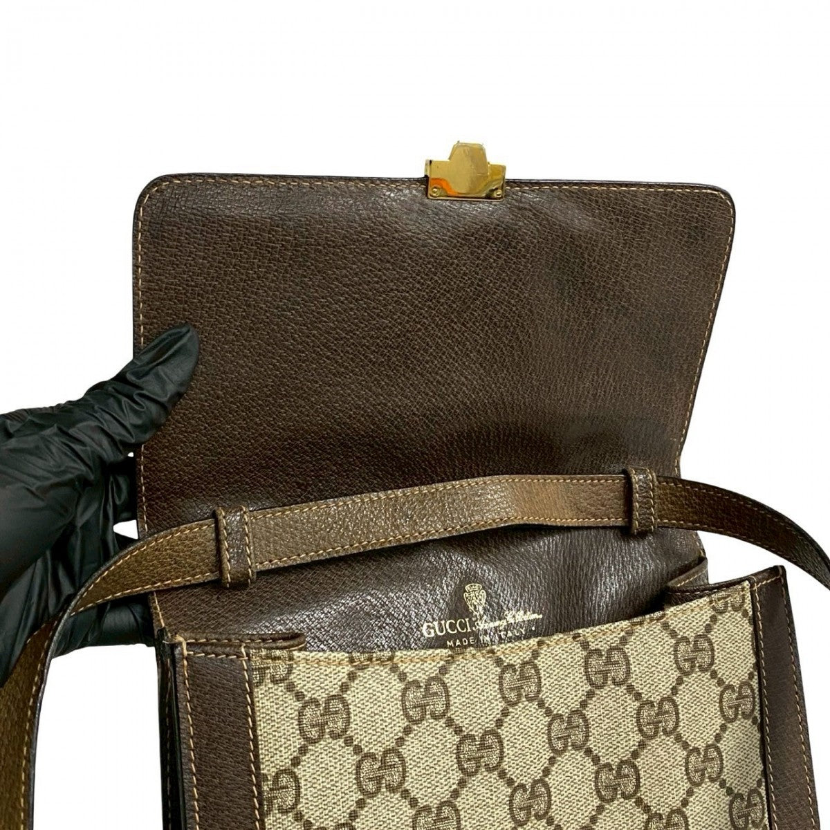 GUCCI Shoulder Bag Leather, PVC Brown GG logo Metal Sherry line Women Used Authentic