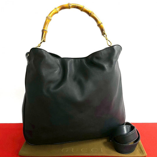 GUCCI Shoulder Bag leather Navy Bamboo