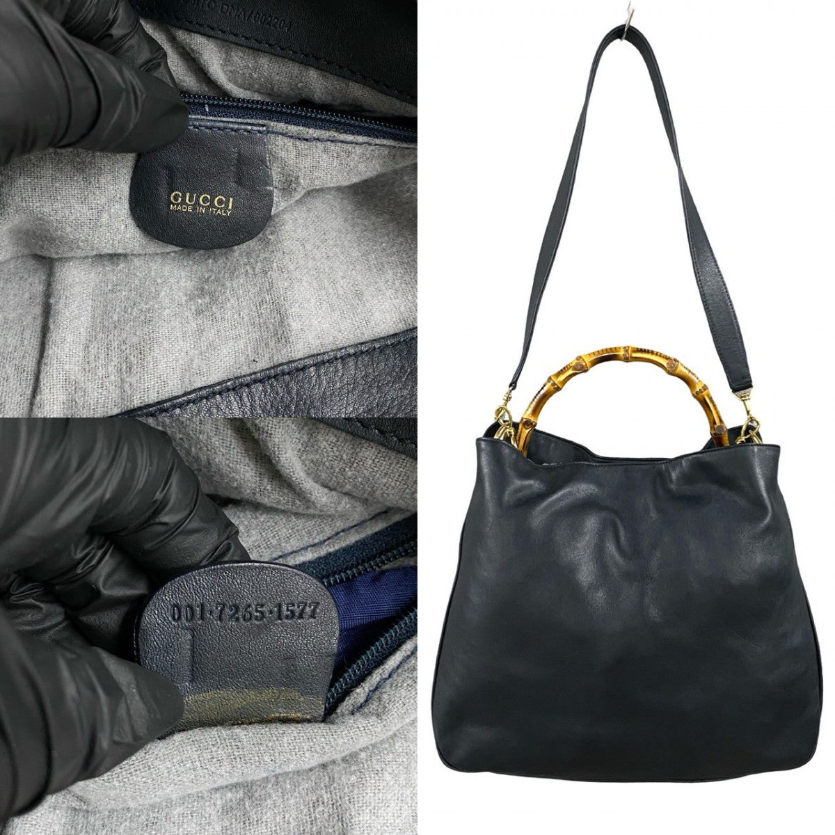 GUCCI Shoulder Bag leather Navy Bamboo