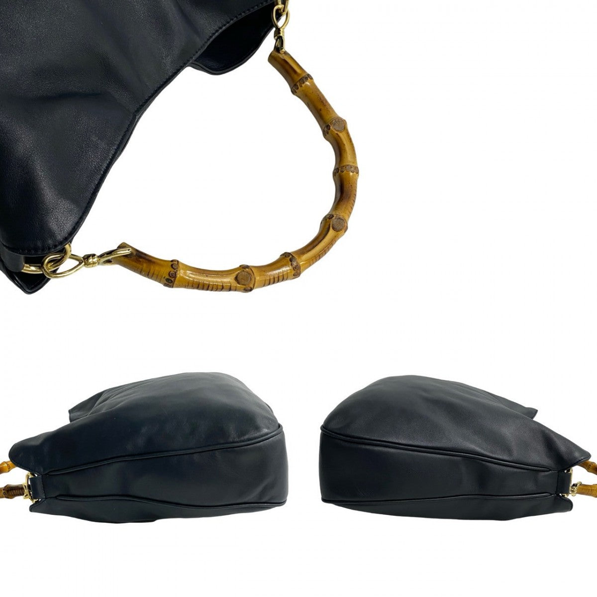 GUCCI Shoulder Bag leather Navy Bamboo