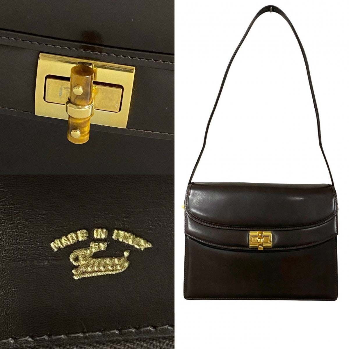 GUCCI Shoulder Bag Calfskin, Leather Brown Turn lock Women Used Authentic