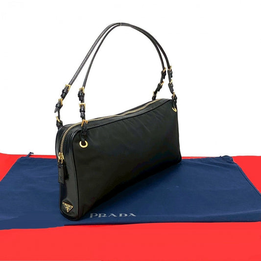 PRADA Handbag Leather, Nylon black PRADA logo Metal Women Used Authentic