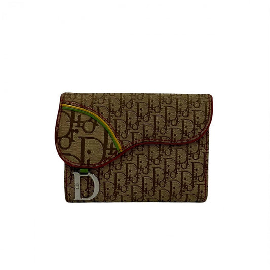 Dior Bifold Wallet Canvas, Leather Brown Trotter Pattern logo Metal saddle Women Used Authentic
