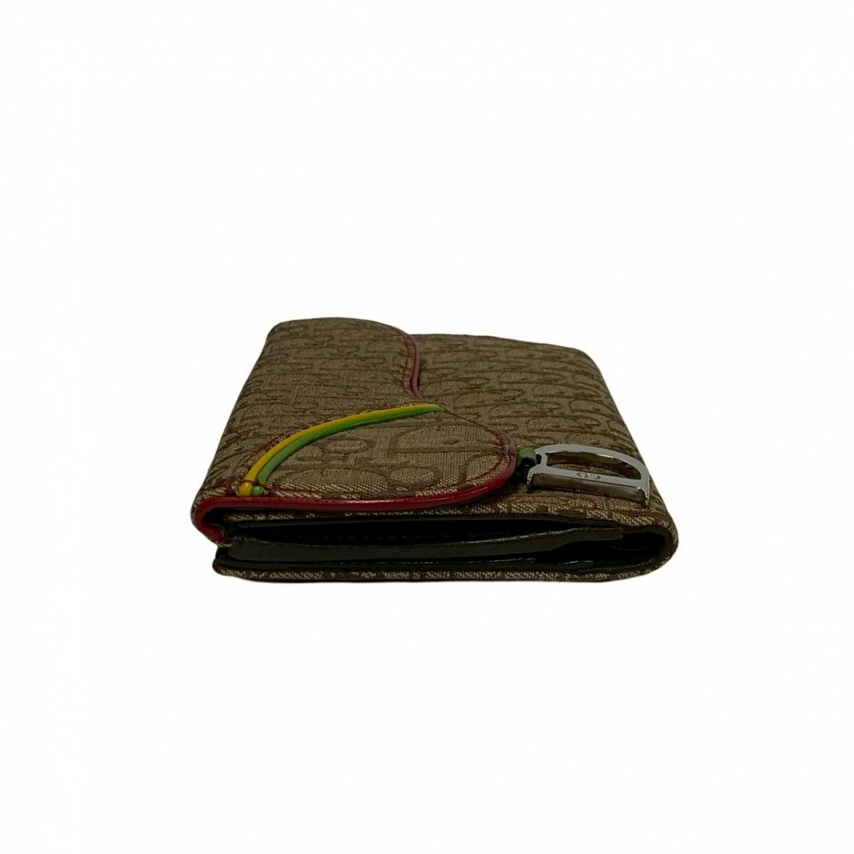 Dior Bifold Wallet Canvas, Leather Brown Trotter Pattern logo Metal saddle Women Used Authentic