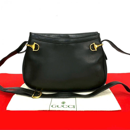 GUCCI Shoulder Bag leather black Horsebit Metal Women Used Authentic