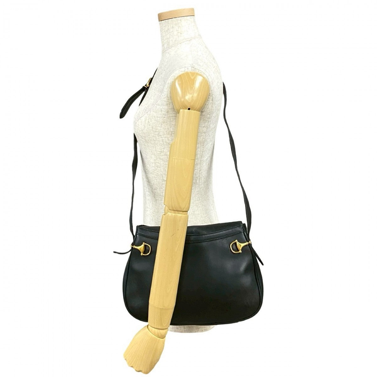 GUCCI Shoulder Bag leather black Horsebit Metal Women Used Authentic
