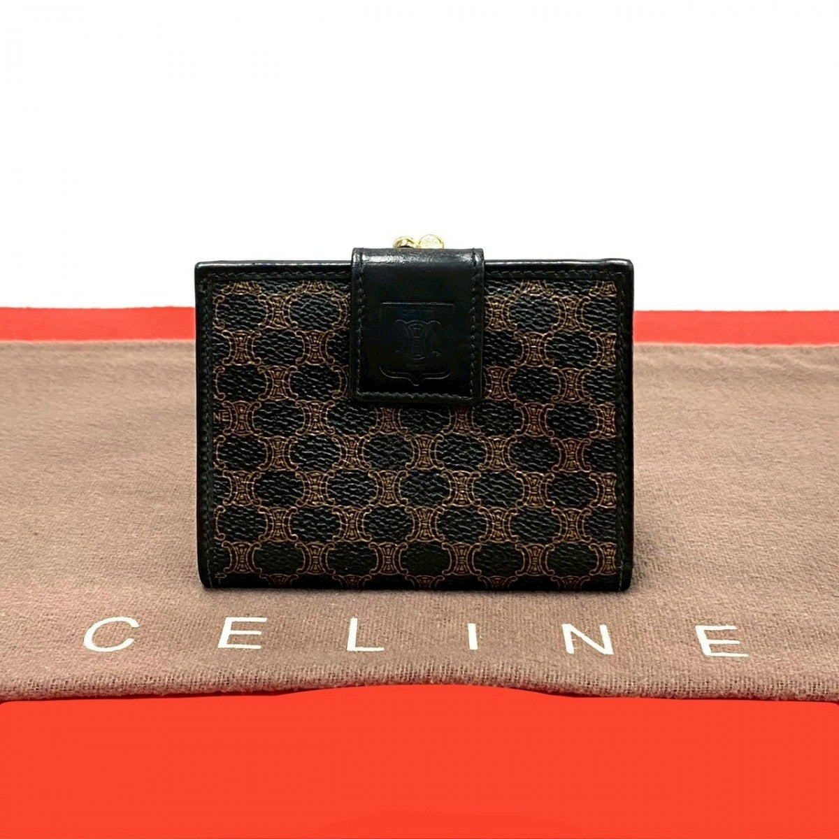 CELINE Bifold Wallet Leather, PVC black Macadam Blason Triomphe Pattern Women Used Authentic