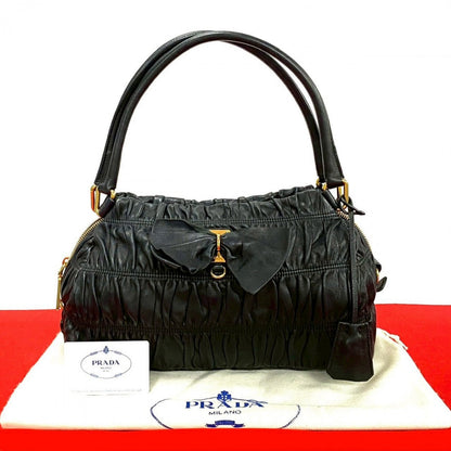 PRADA Handbag leather black PRADA logo Women Used Authentic