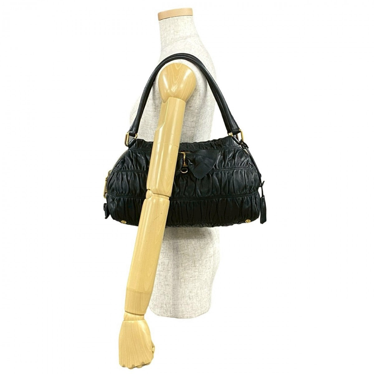 PRADA Handbag leather black PRADA logo Women Used Authentic