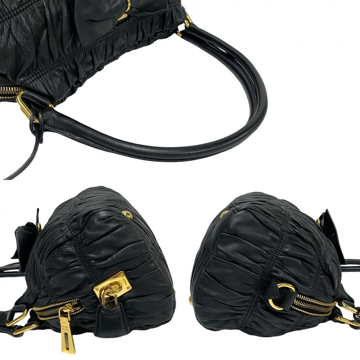 PRADA Handbag leather black PRADA logo Women Used Authentic
