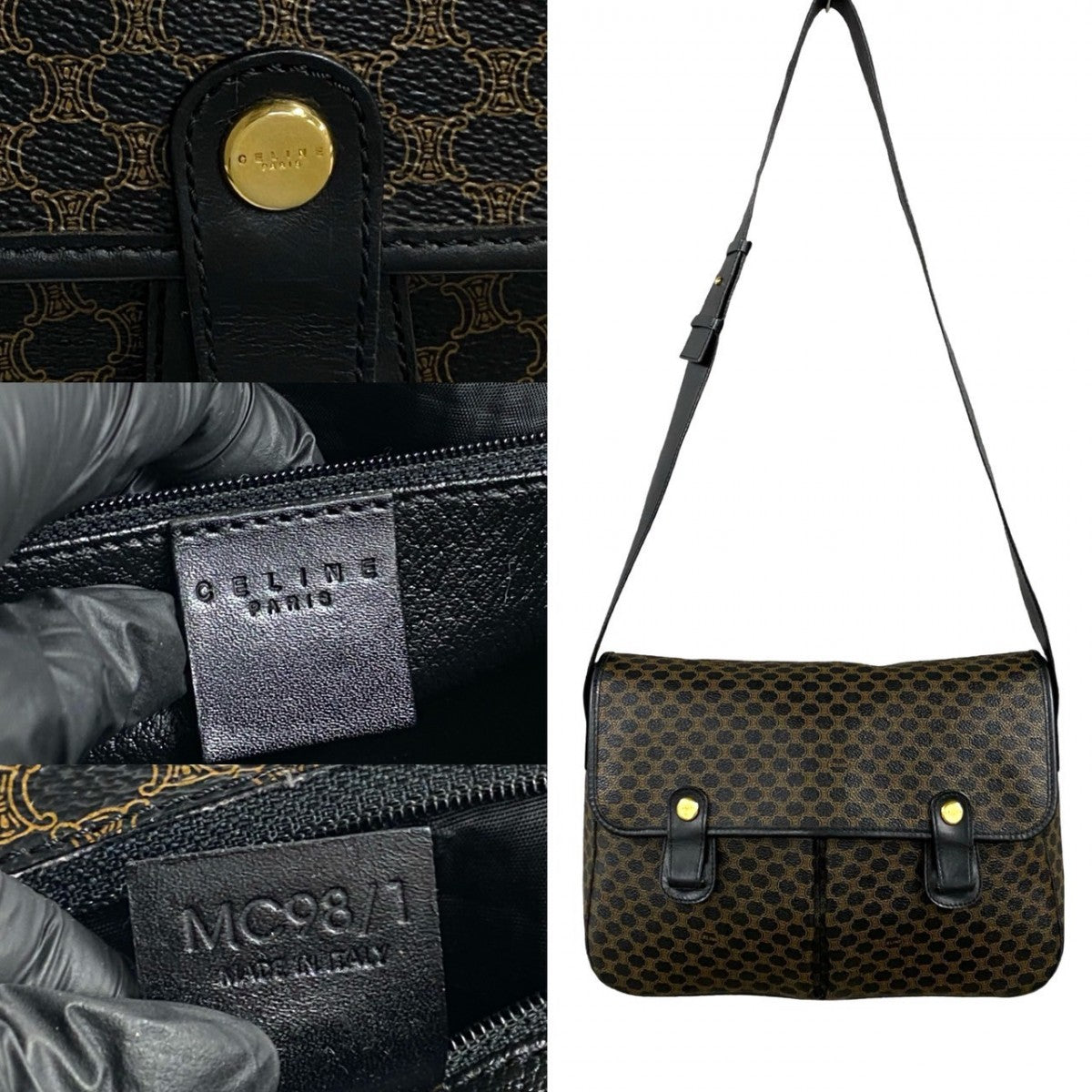 CELINE Shoulder Bag Leather, PVC black Macadam Blason Triomphe Pattern Women Used Authentic
