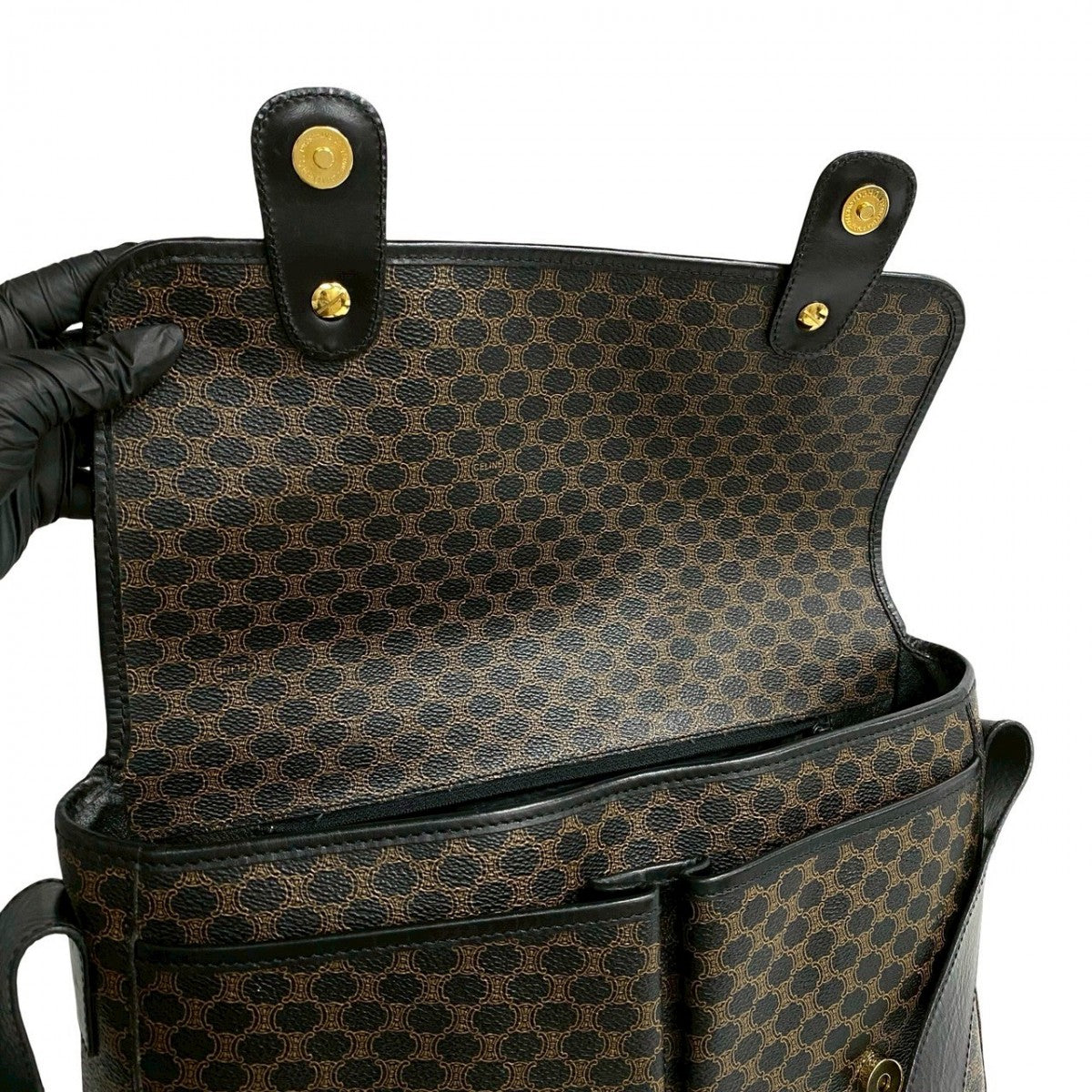 CELINE Shoulder Bag Leather, PVC black Macadam Blason Triomphe Pattern Women Used Authentic