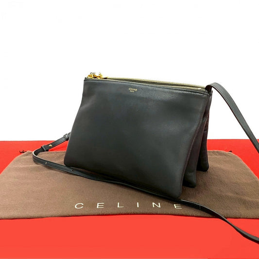 CELINE Shoulder Bag leather gray logo Trio Small Women Used Authentic