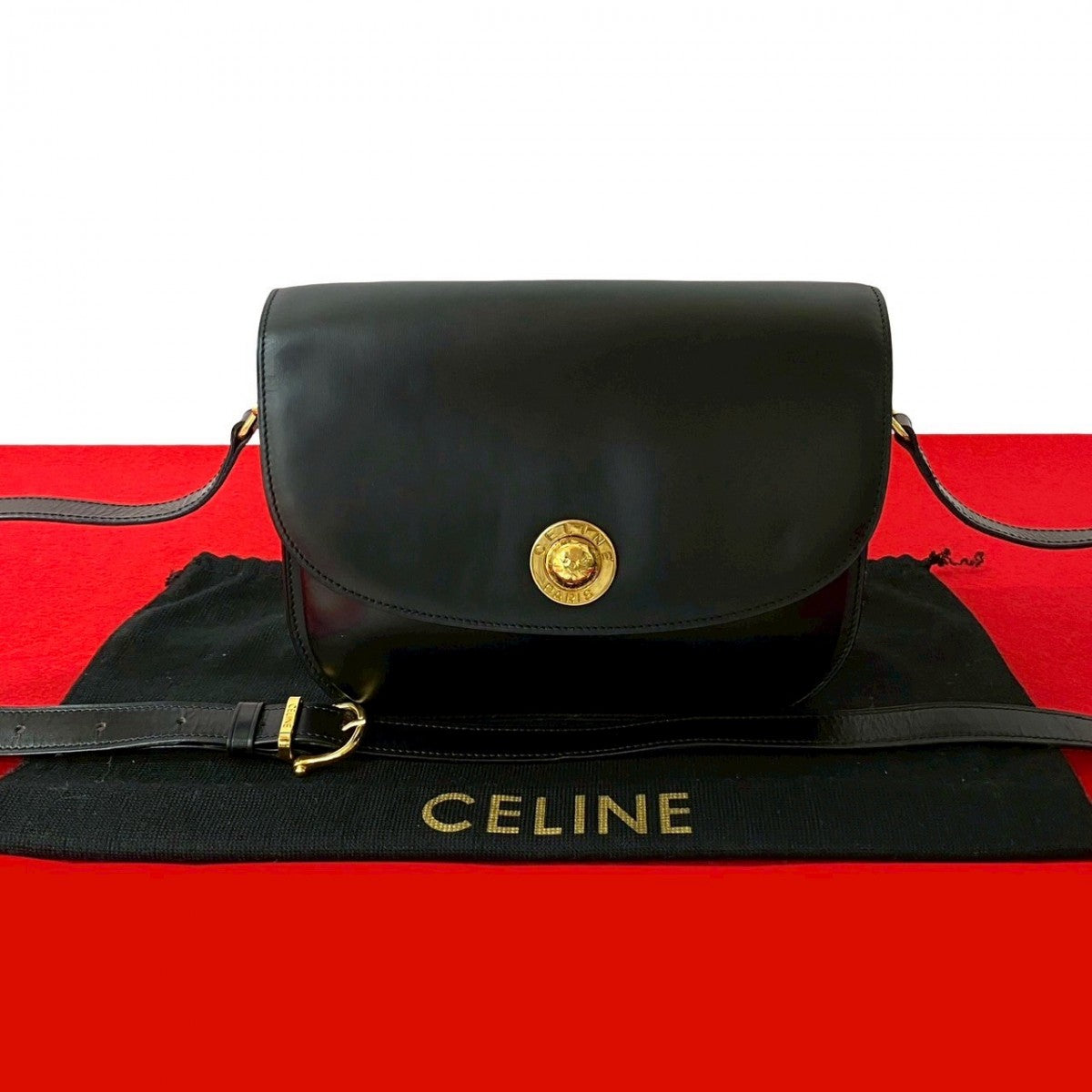 CELINE Shoulder Bag leather black Star Ball logo Metal Women Used Authentic