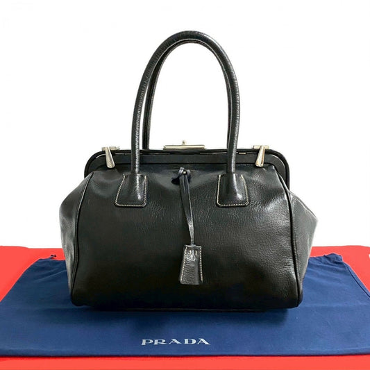 PRADA Handbag leather black PRADA logoMetal Women Used Authentic