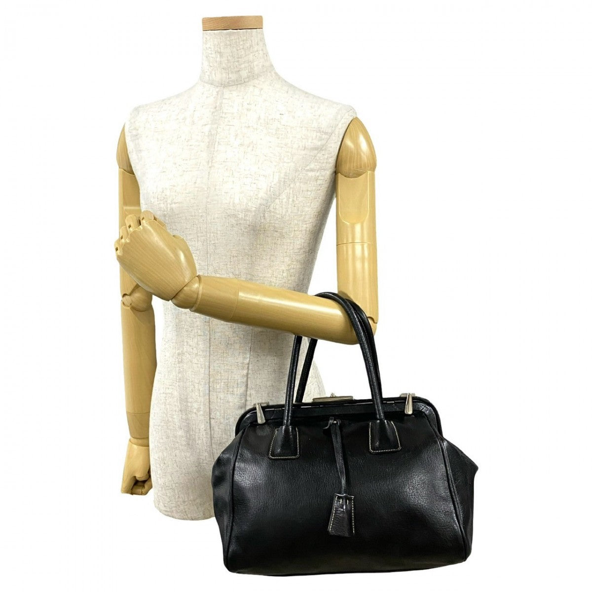 PRADA Handbag leather black PRADA logoMetal Women Used Authentic