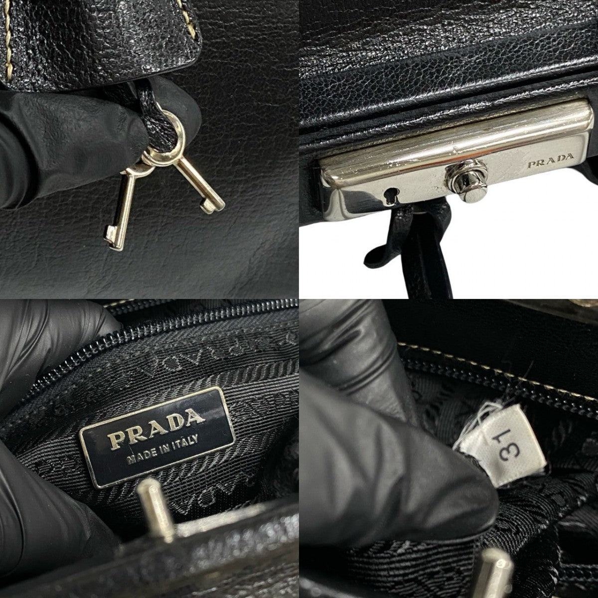 PRADA Handbag leather black PRADA logoMetal Women Used Authentic