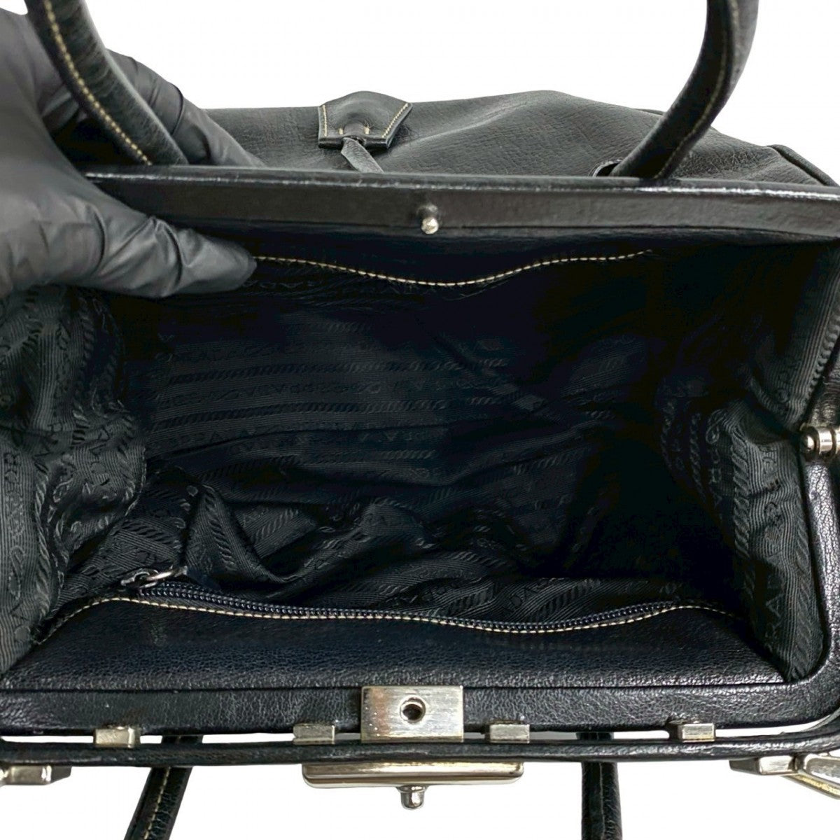 PRADA Handbag leather black PRADA logoMetal Women Used Authentic