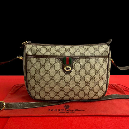 GUCCI Shoulder Bag leather Brown GG logo Metal Sherry line Women Used Authentic