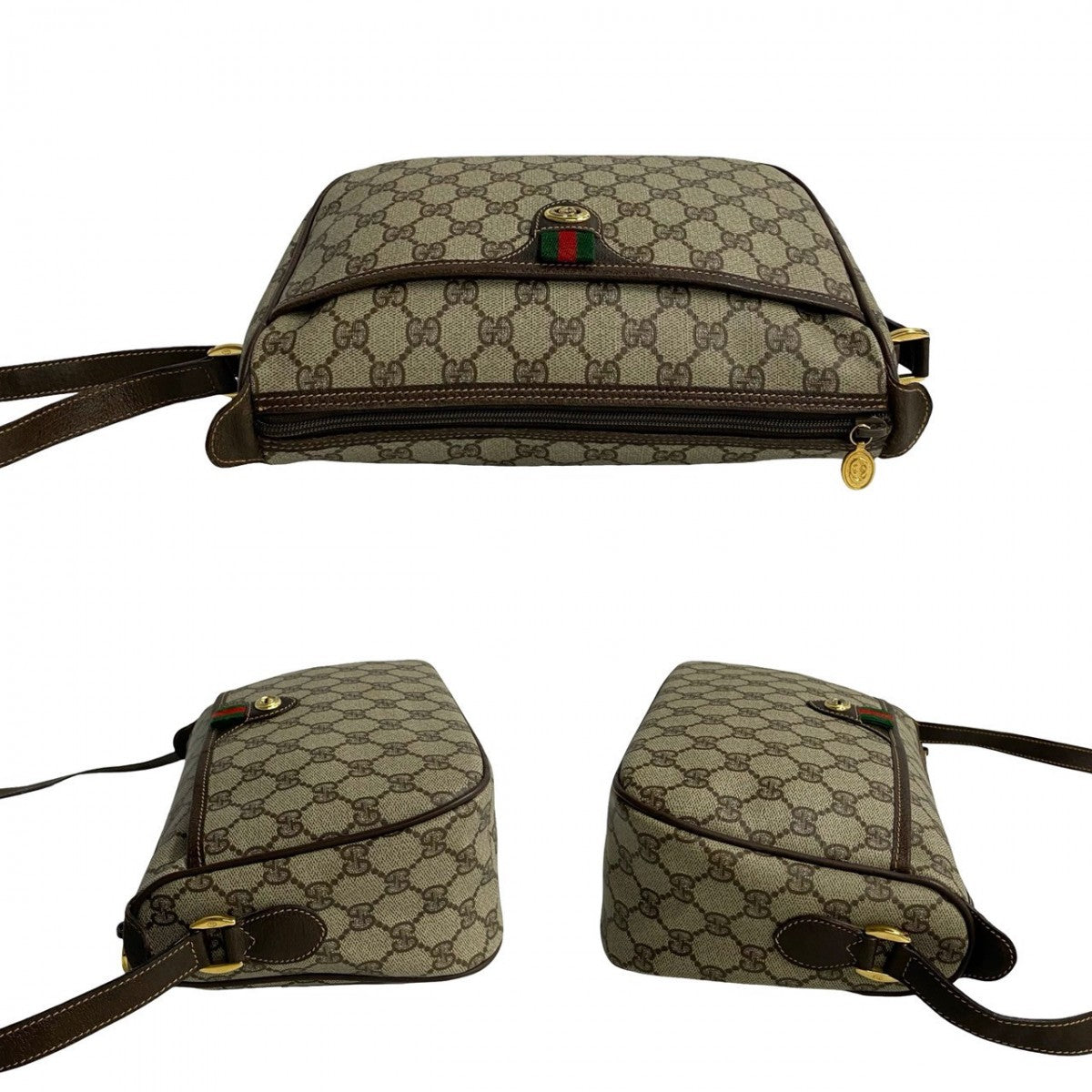 GUCCI Shoulder Bag leather Brown GG logo Metal Sherry line Women Used Authentic