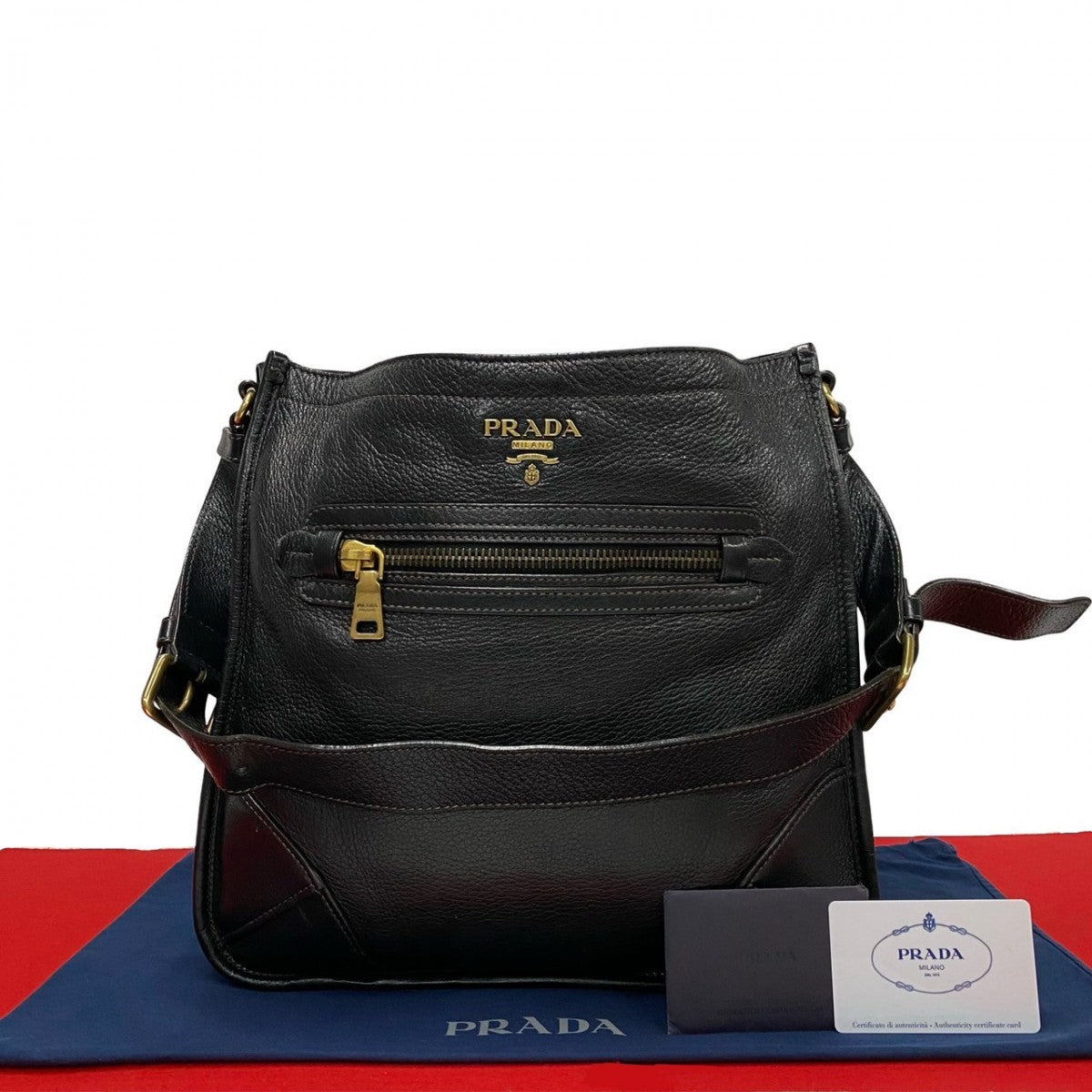 PRADA Shoulder Bag leather black Triangle Logo Metal mens Used Authentic