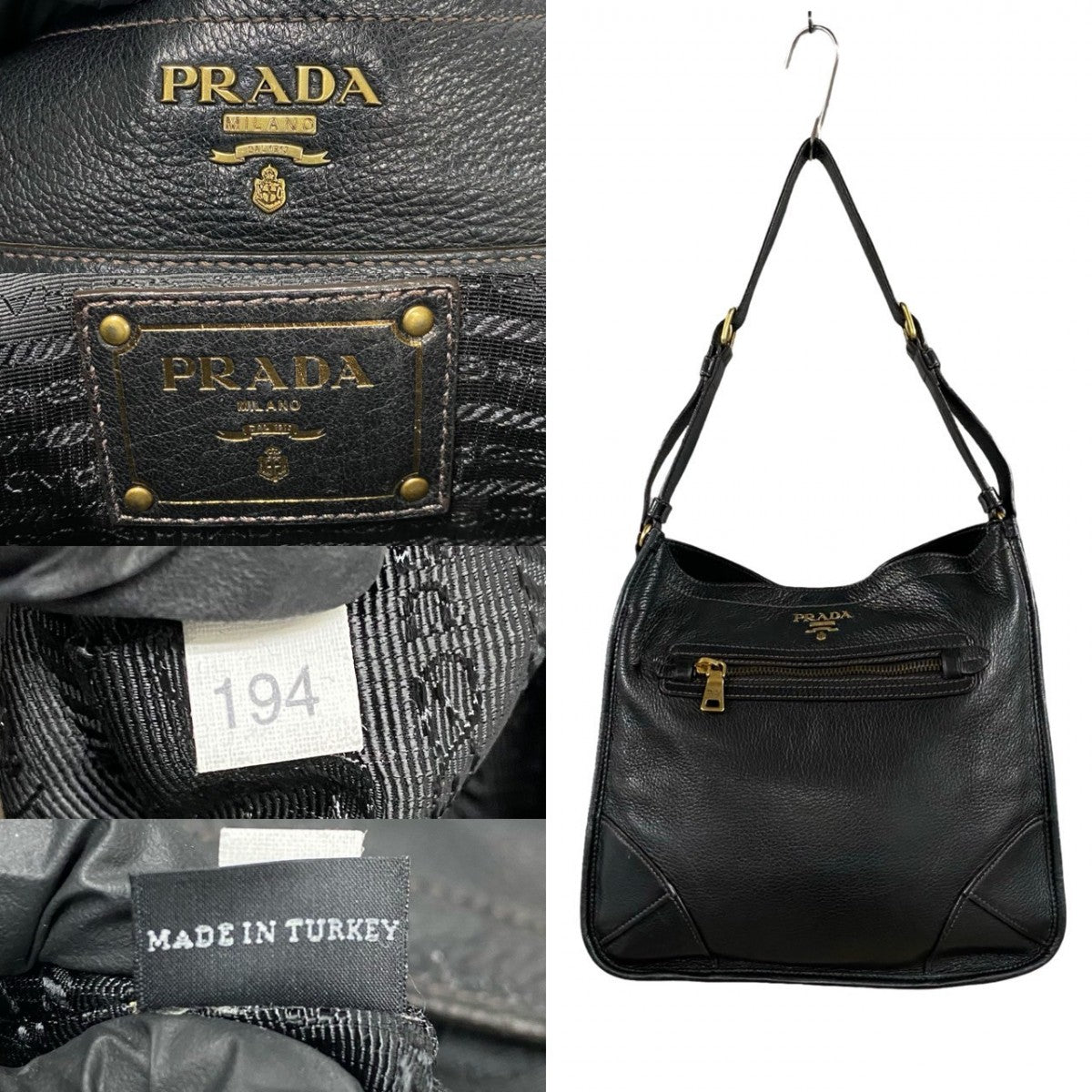PRADA Shoulder Bag leather black Triangle Logo Metal mens Used Authentic