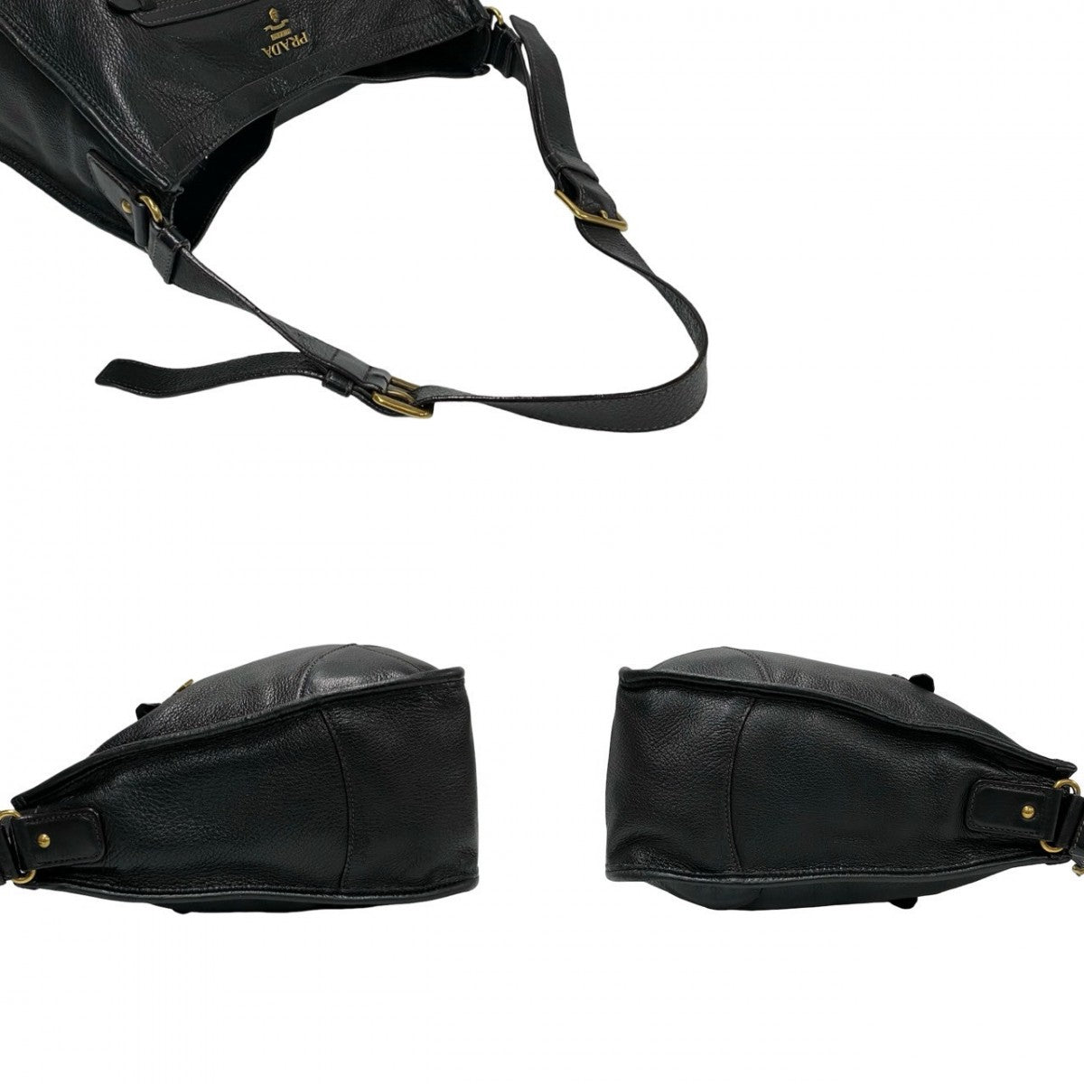 PRADA Shoulder Bag leather black Triangle Logo Metal mens Used Authentic