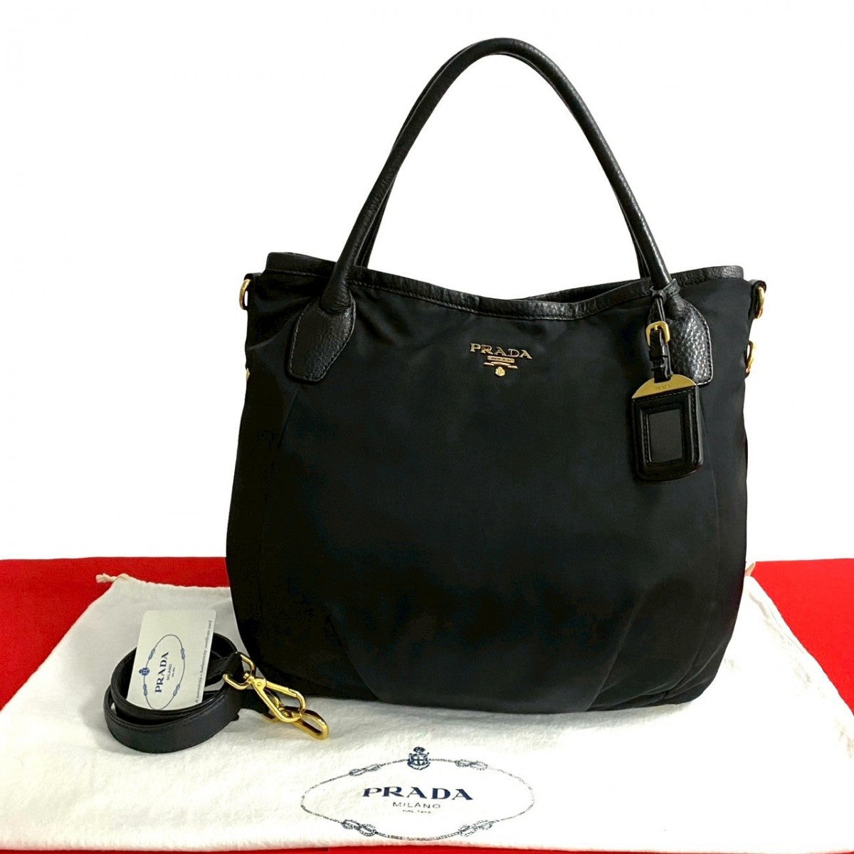 PRADA Tote Bag Nylon, Leather black PRADA logoMetal Women Used Authentic